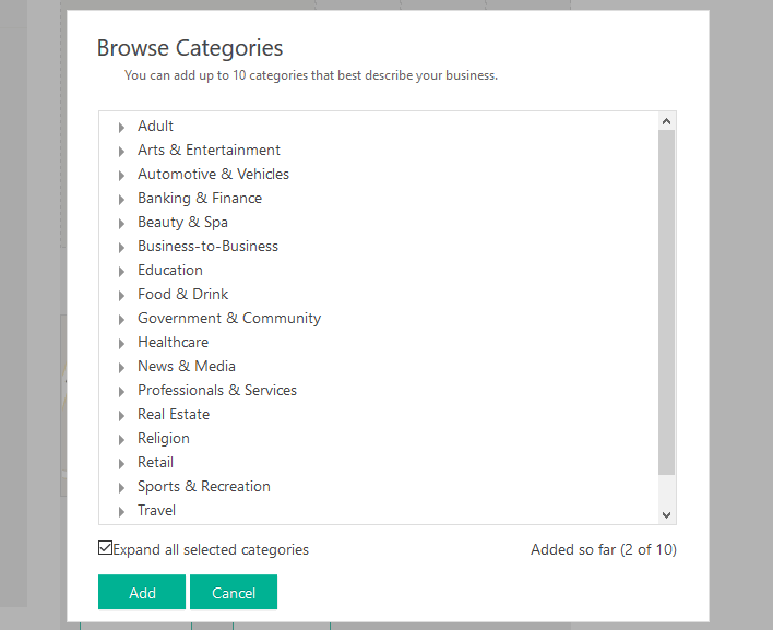 bing business categories