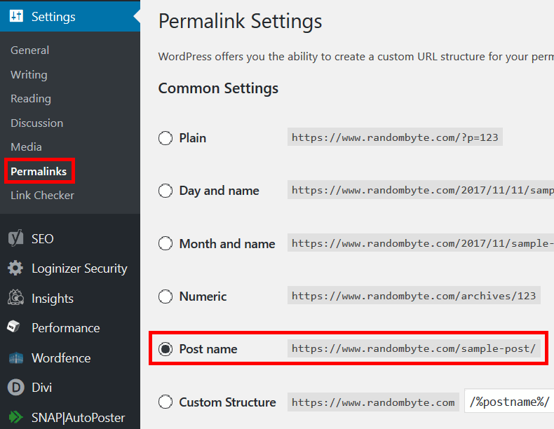 wordpress permalinks settings