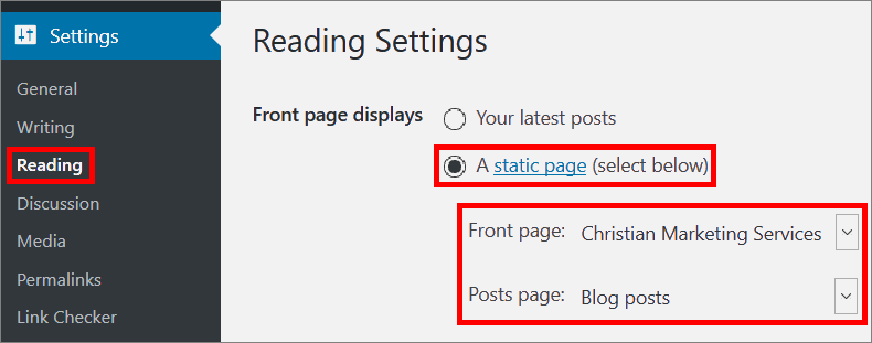 wordpress reading settings